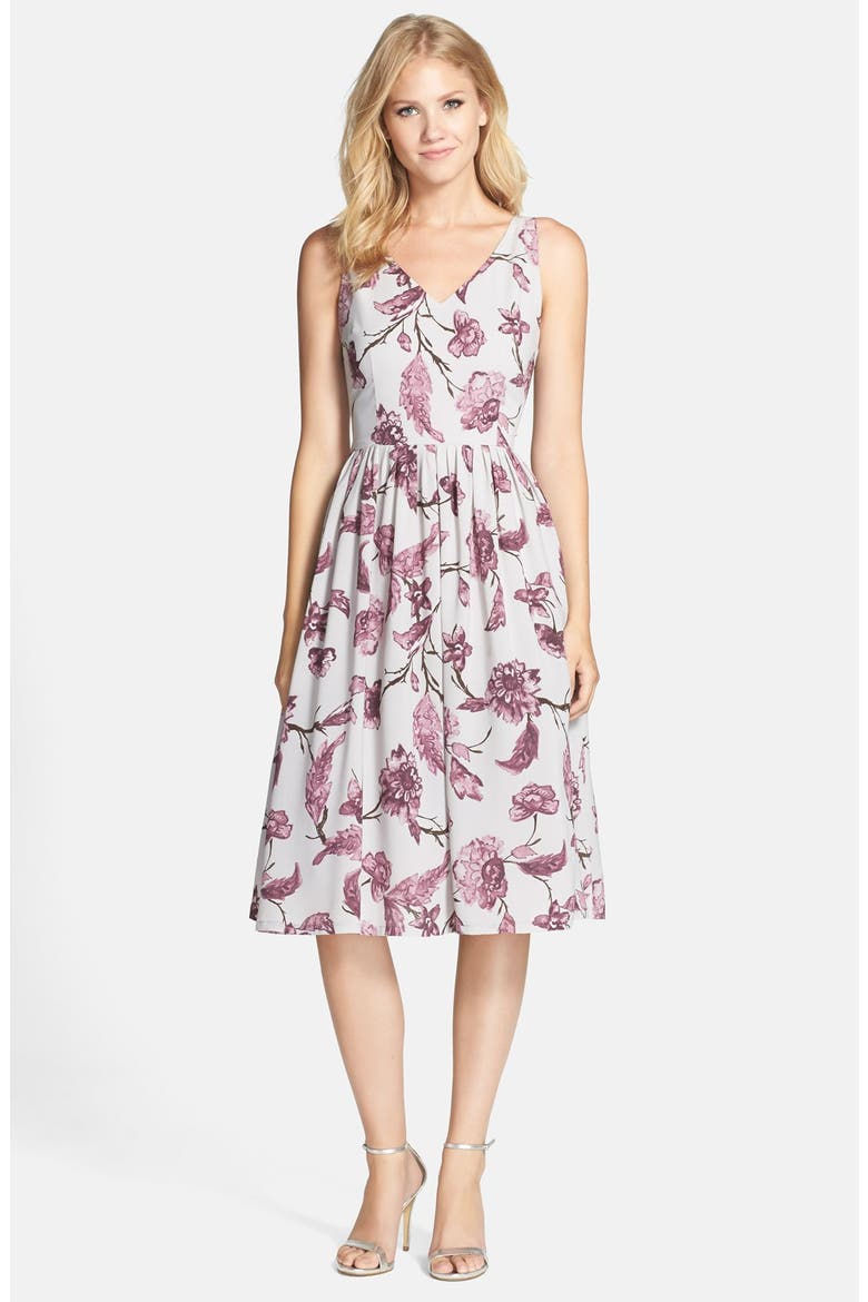 BB Dakota 'Theresa' Floral Print Woven Midi Dress, Main, color, GRAY/ SILVER
