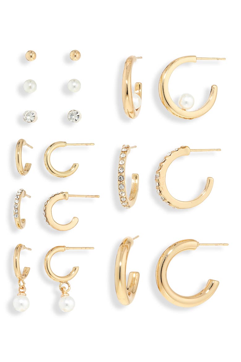 Set of 9 Crystal & Faux Pearl Stud & Huggie Hoop Earrings, Main, color, GOLD