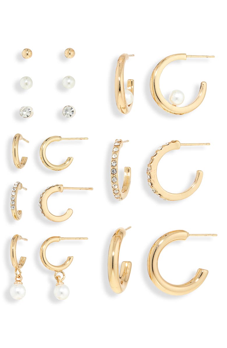 NATASHA Set of 9 Crystal & Faux Pearl Stud & Huggie Hoop Earrings, Main, color, Gold
