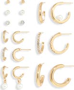 NATASHA Set of 9 Crystal & Faux Pearl Stud & Huggie Hoop Earrings