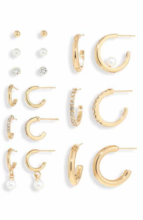 NATASHA Set of 9 Crystal & Faux Pearl Stud & Huggie Hoop Earrings