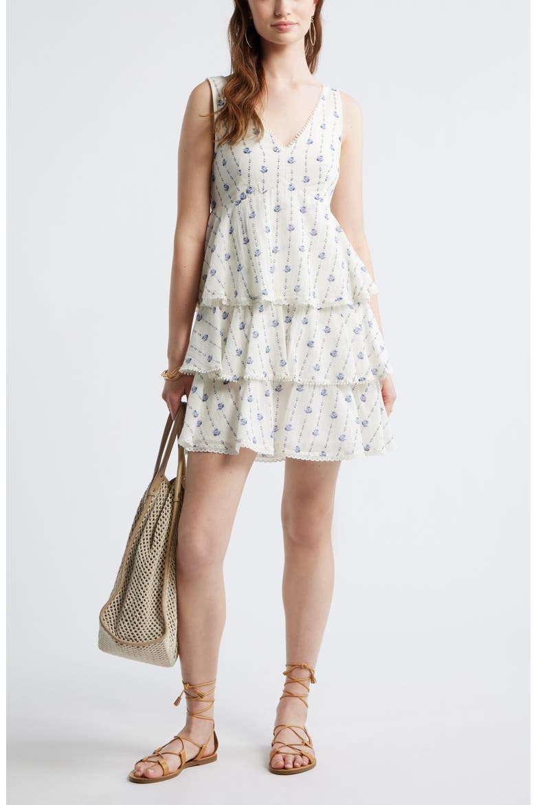Floral Tiered Minidress, Alternate, color, IVORY- BLUE SYDNEY GEO