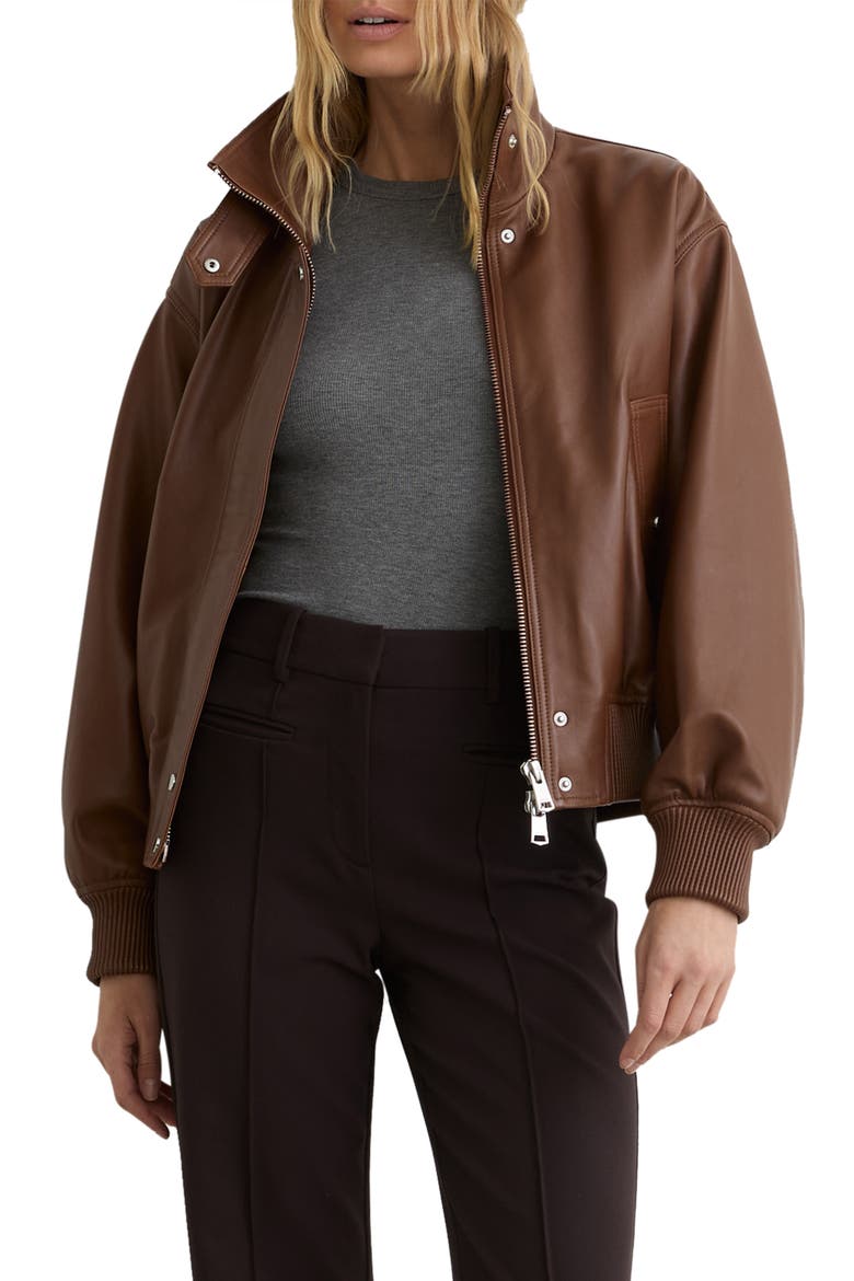 Cara Leather Bomber Jacket, Main, color, CHESTNUT BROWN