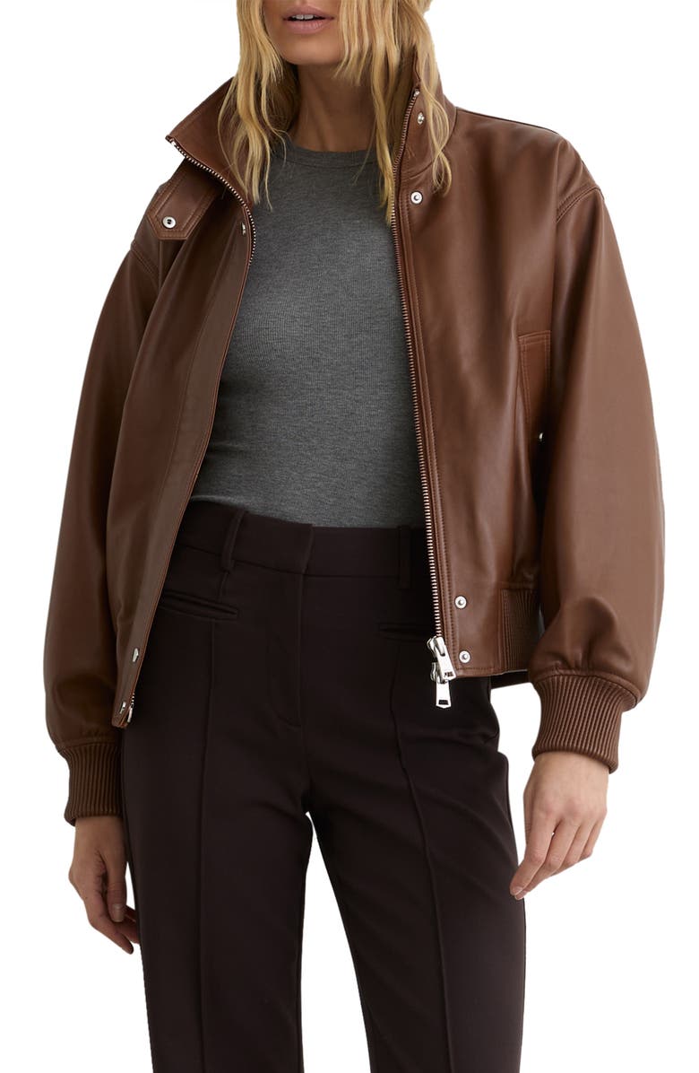 Reiss Cara Leather Bomber Jacket, Main, color, Chestnut Brown