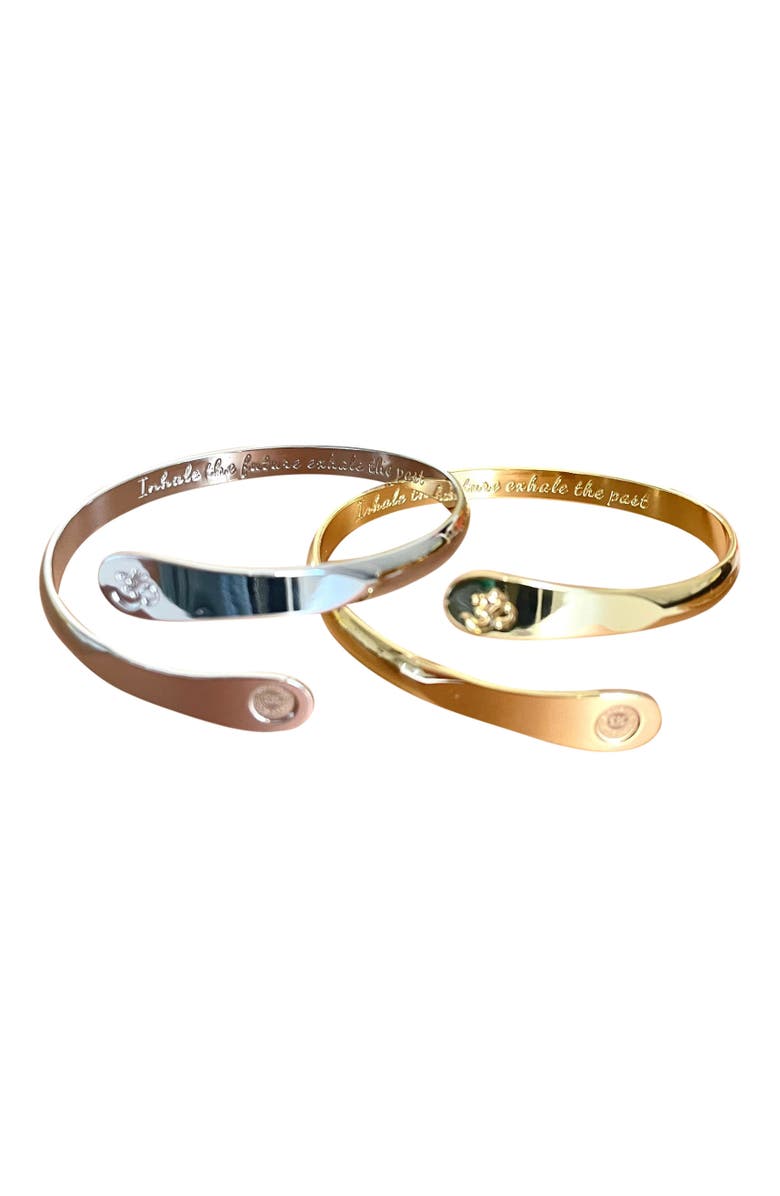 Hollywood Sensation Yoga Bracelets, Om Bracelets, Engraved Bracelets Inhale the future exhale the past- The Om Symbol, Alternate, color, Silver