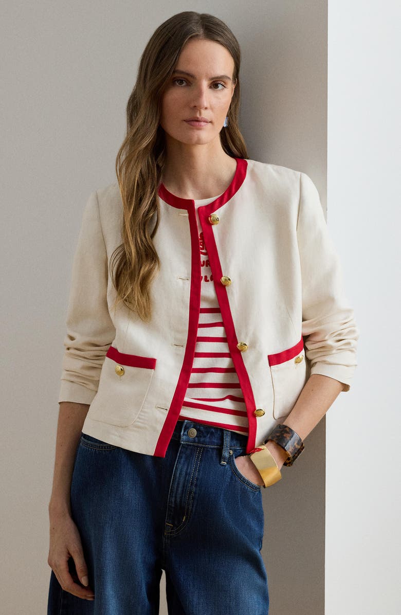 Lauren Ralph Lauren Two-Tone Linen Blend Twill Jacket, Alternate, color, Mascarpone Cream/ Cruise Red
