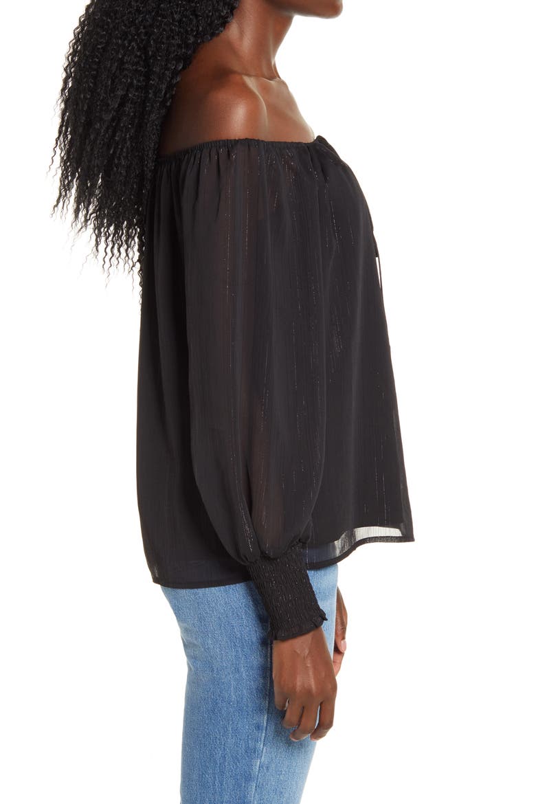 x BFF Sarah Metallic Off the Shoulder Top, Alternate, color, BLACK LUREX STRIPE