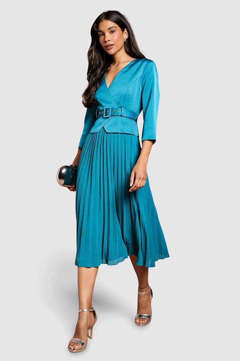 Satin Bodice Pleat Skirt Midi Dress, Main, color, Teal