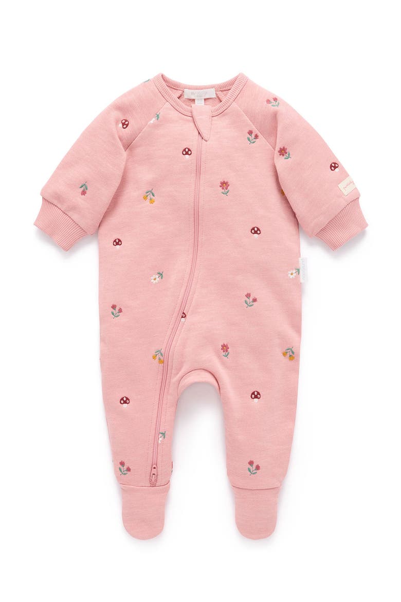 Embroidered Fleece Zip Baby Girl Footie, Main, color, Blush Forest Broderie