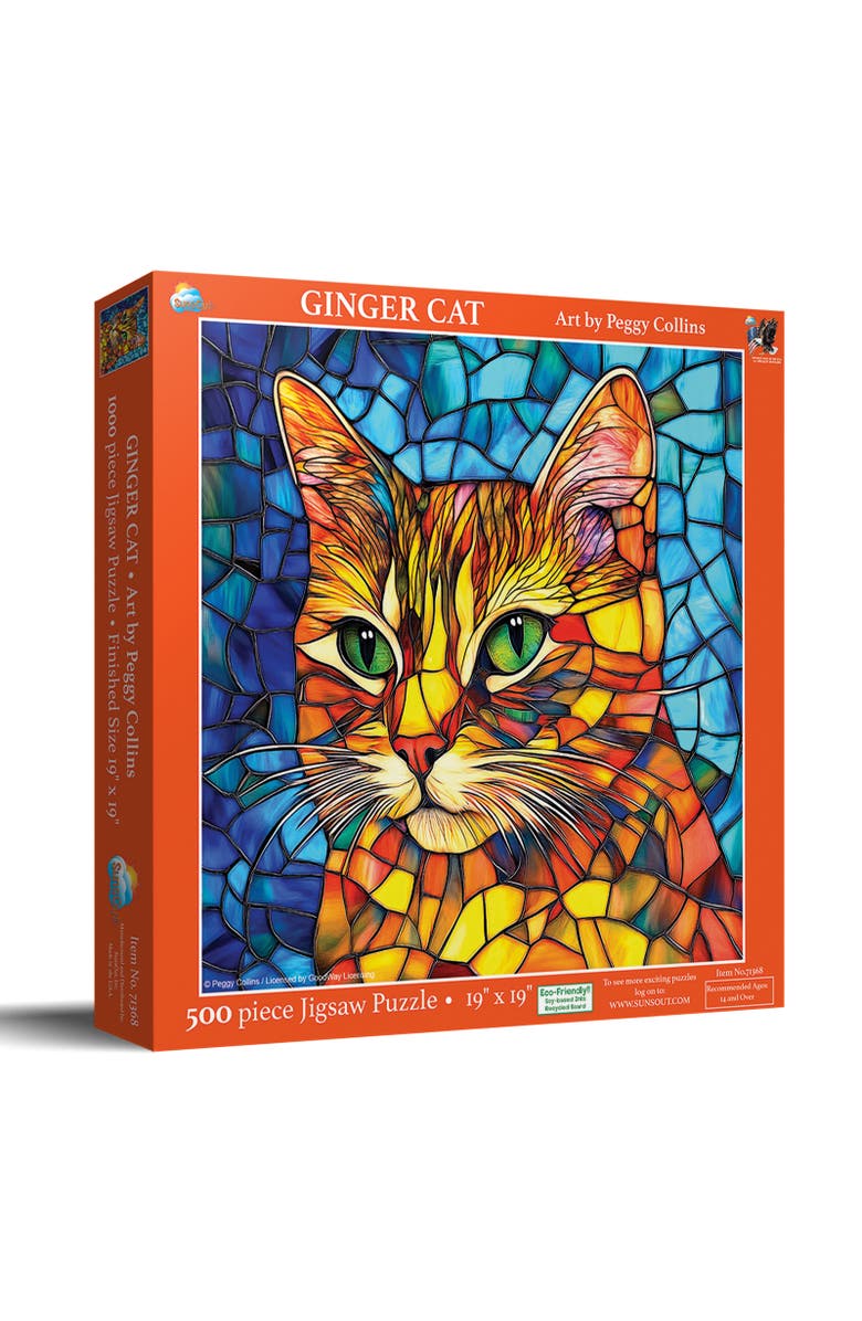 Sunsout Stained Glass Ginger Cat 500 piece Jigsaw Puzzle for Adults, Main, color,