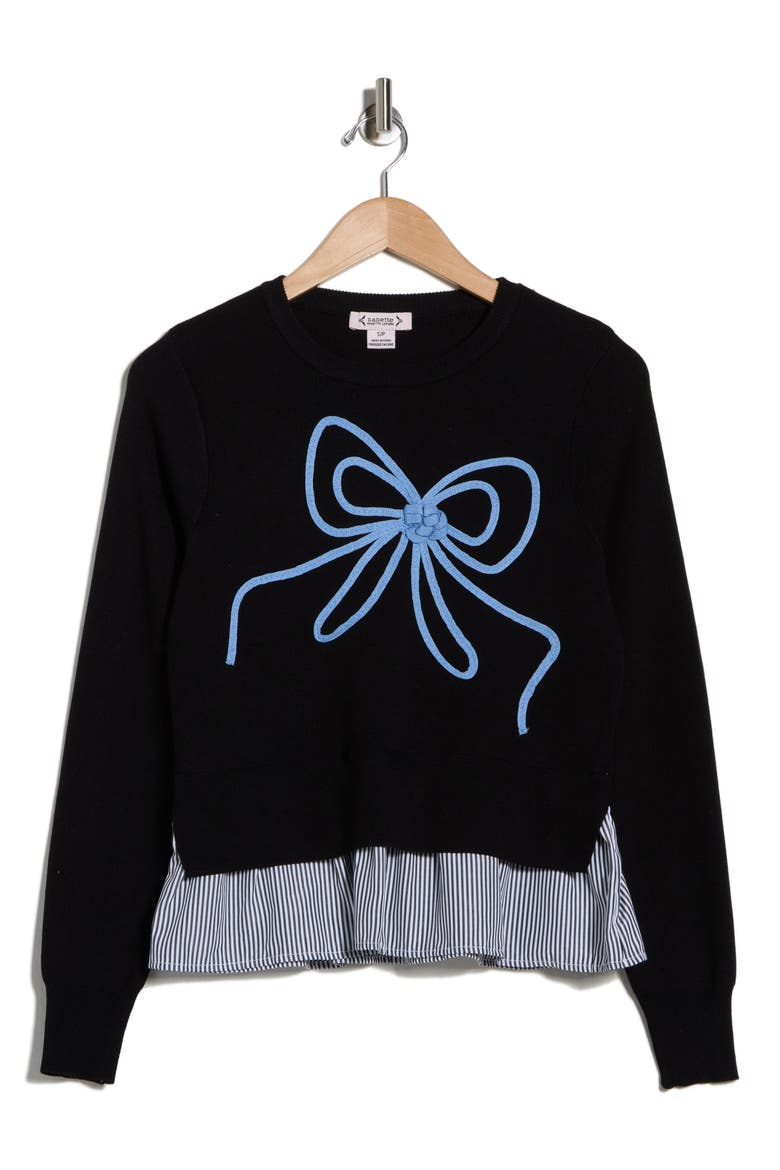 Soutache Bow Twofer Sweater, Alternate, color, VERY BLACK/ BLUE
