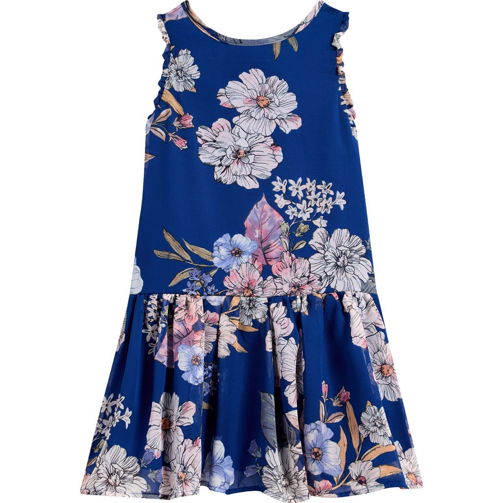 Ava & Yelly Kids' Floral Print Drop Waist Dress In Navy Floral
