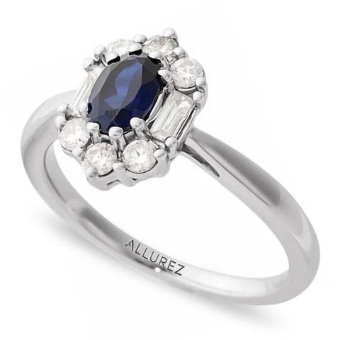Oval Lab Blue Sapphire & Diamond Halo Ring 14K