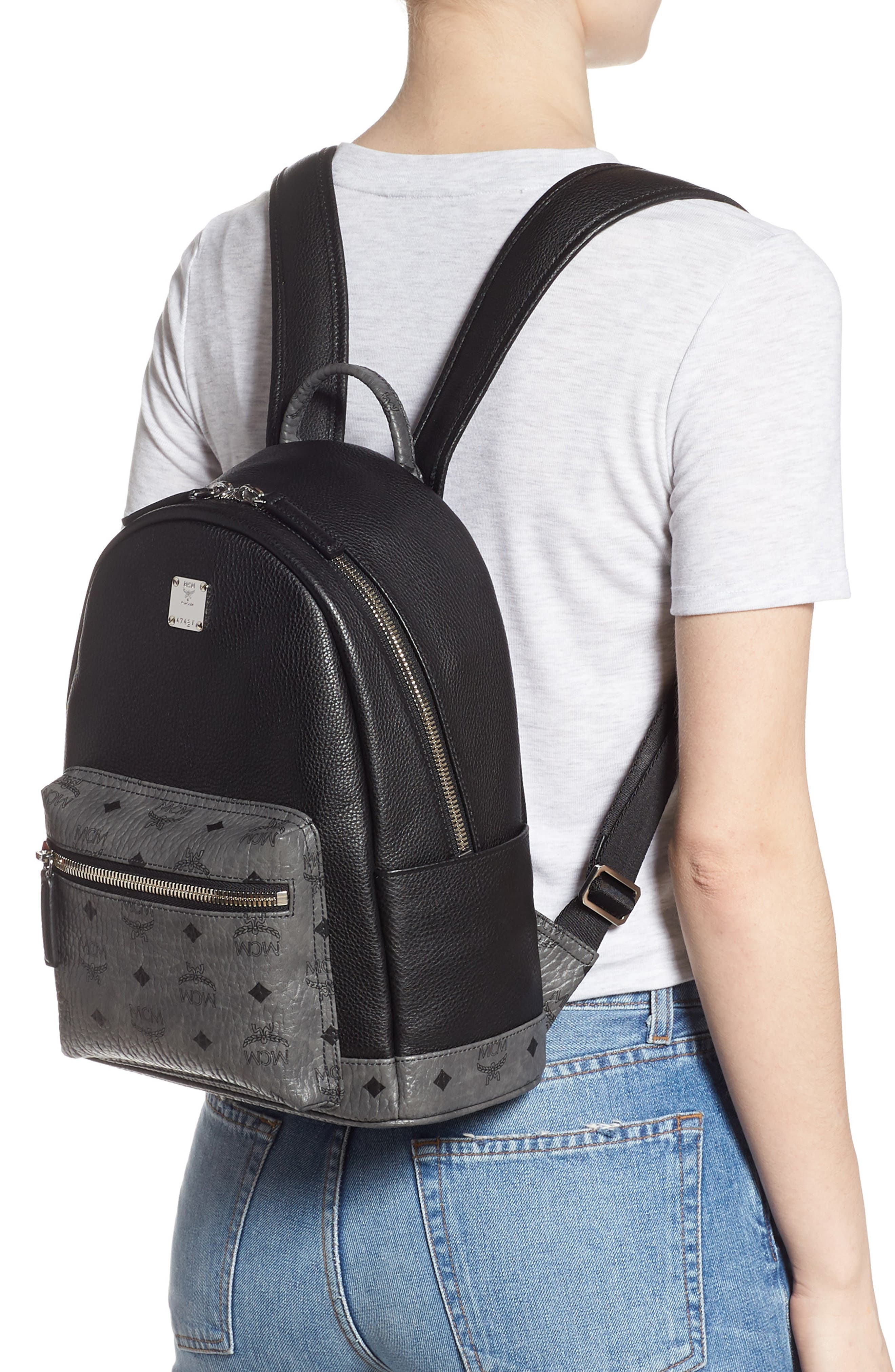 MCM Small Leather & Visetos Canvas Backpack, Alternate, color, 