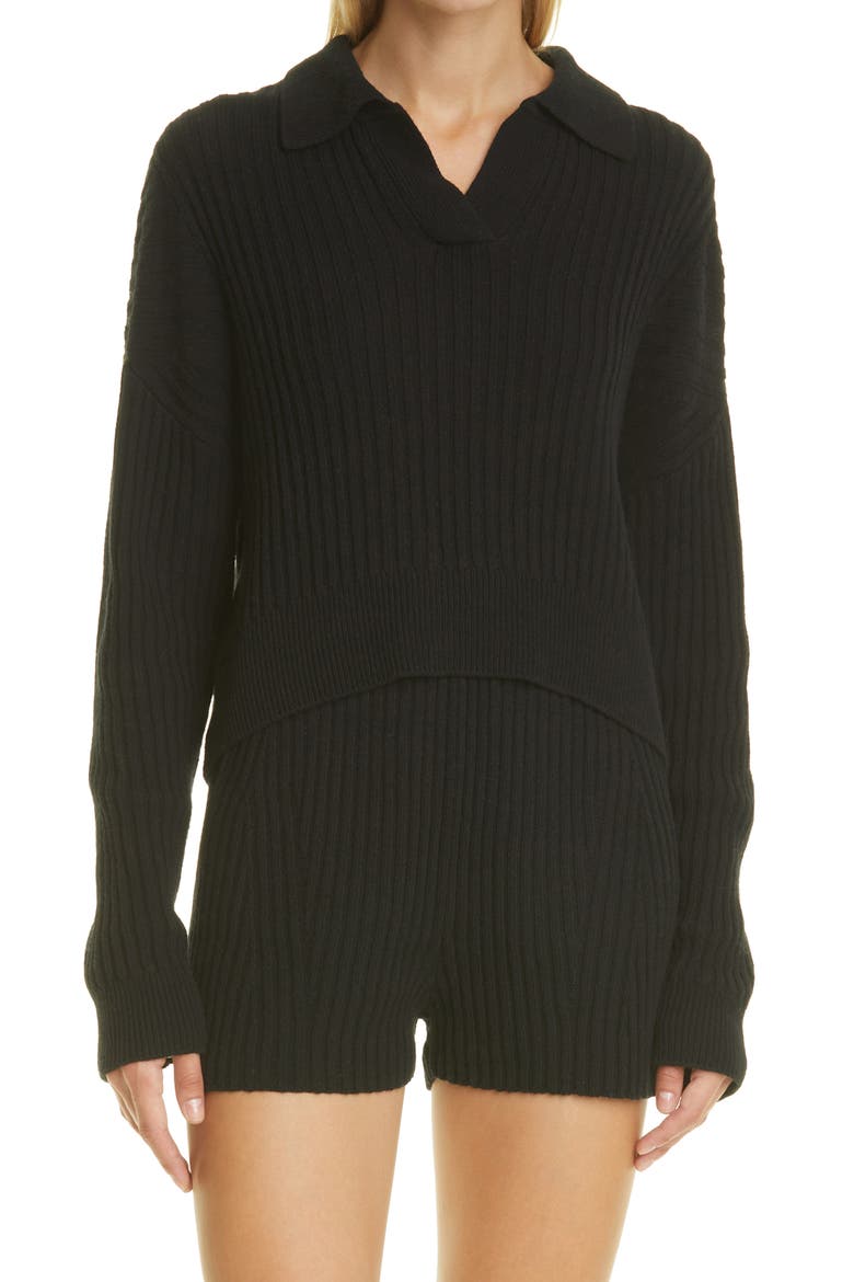 Maxine Ribbed Merino Wool & Cotton Blend Polo Sweater, Main, color, BLACK
