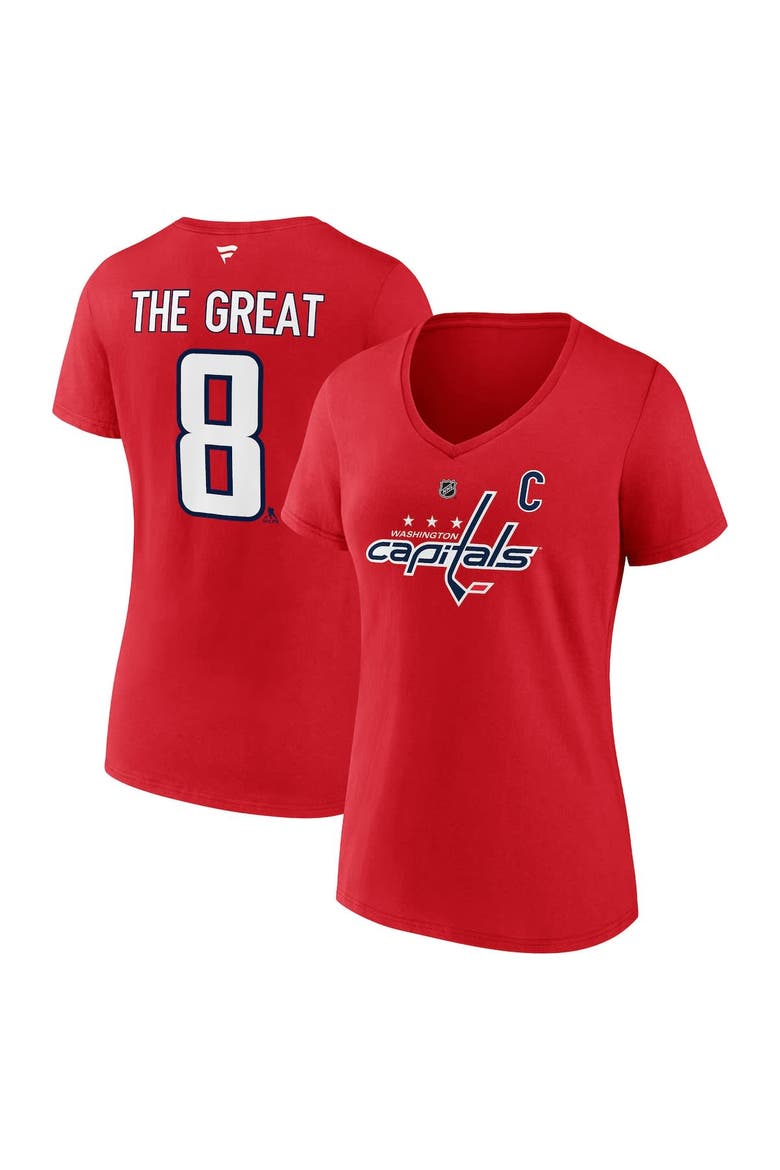 Women's Fanatics Alexander Ovechkin Athletic Red Washington Capitals NHL All-Time Leading Goal Scorer The Great 8 Name & Number V-Neck T-Shirt, Main, color, Athletic Red