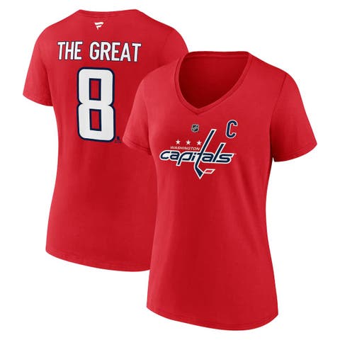 Women's Fanatics Alexander Ovechkin Athletic Red Washington Capitals NHL All-Time Leading Goal Scorer The Great 8 Name & Number V-Neck T-Shirt