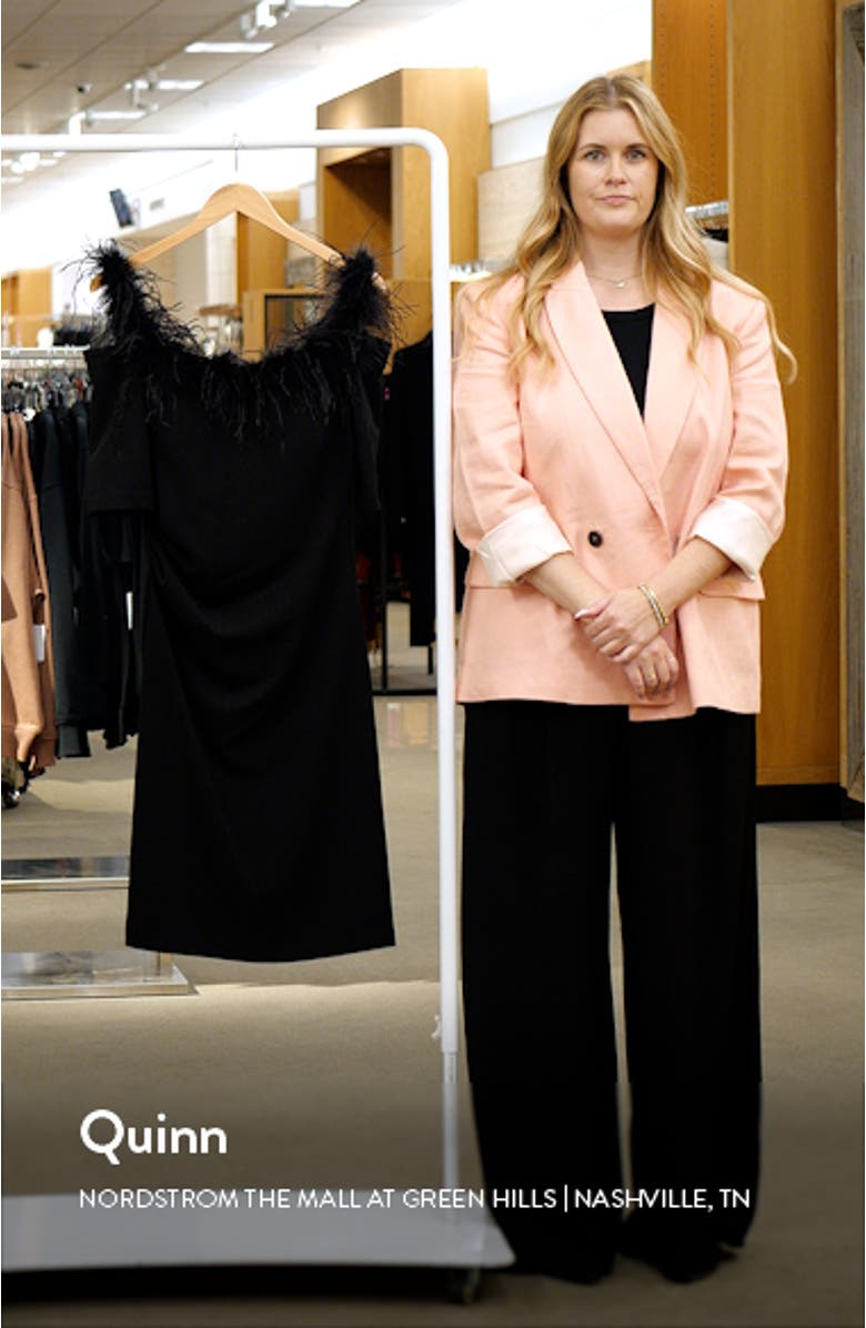 Feather Trim Off the Shoulder Scuba Sheath Dress, sales video thumbnail