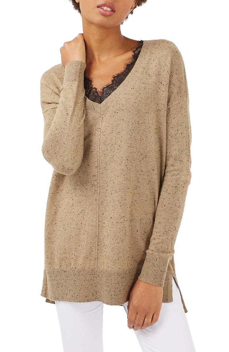 Topshop Lace V-Neck Sweater Tunic, Main, color, 