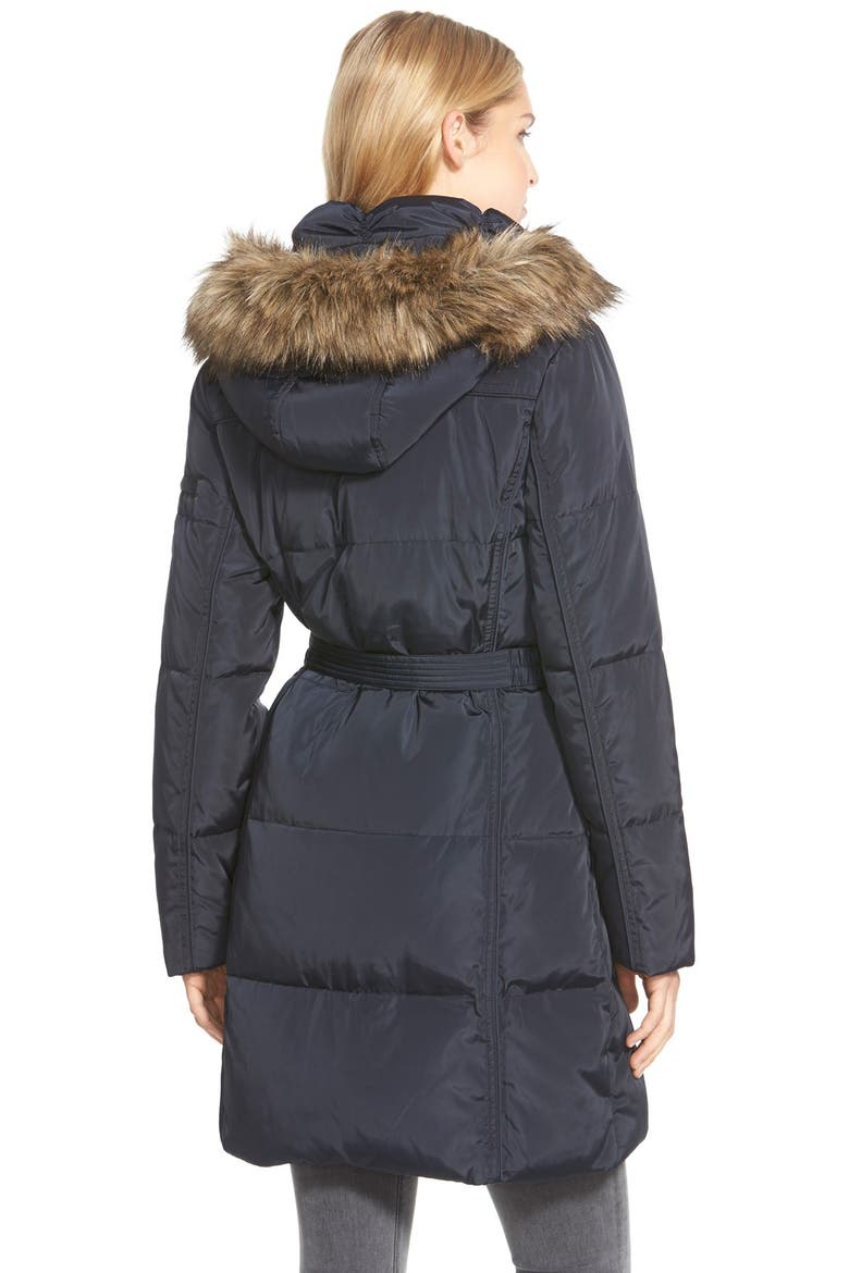 Faux Fur Trim Belted Down & Feather Fill Parka, Alternate, color, NAVY
