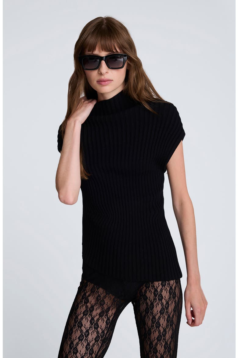 Ribbed Mock Neck Asymmetric Hem Top, Alternate, color, BLACK