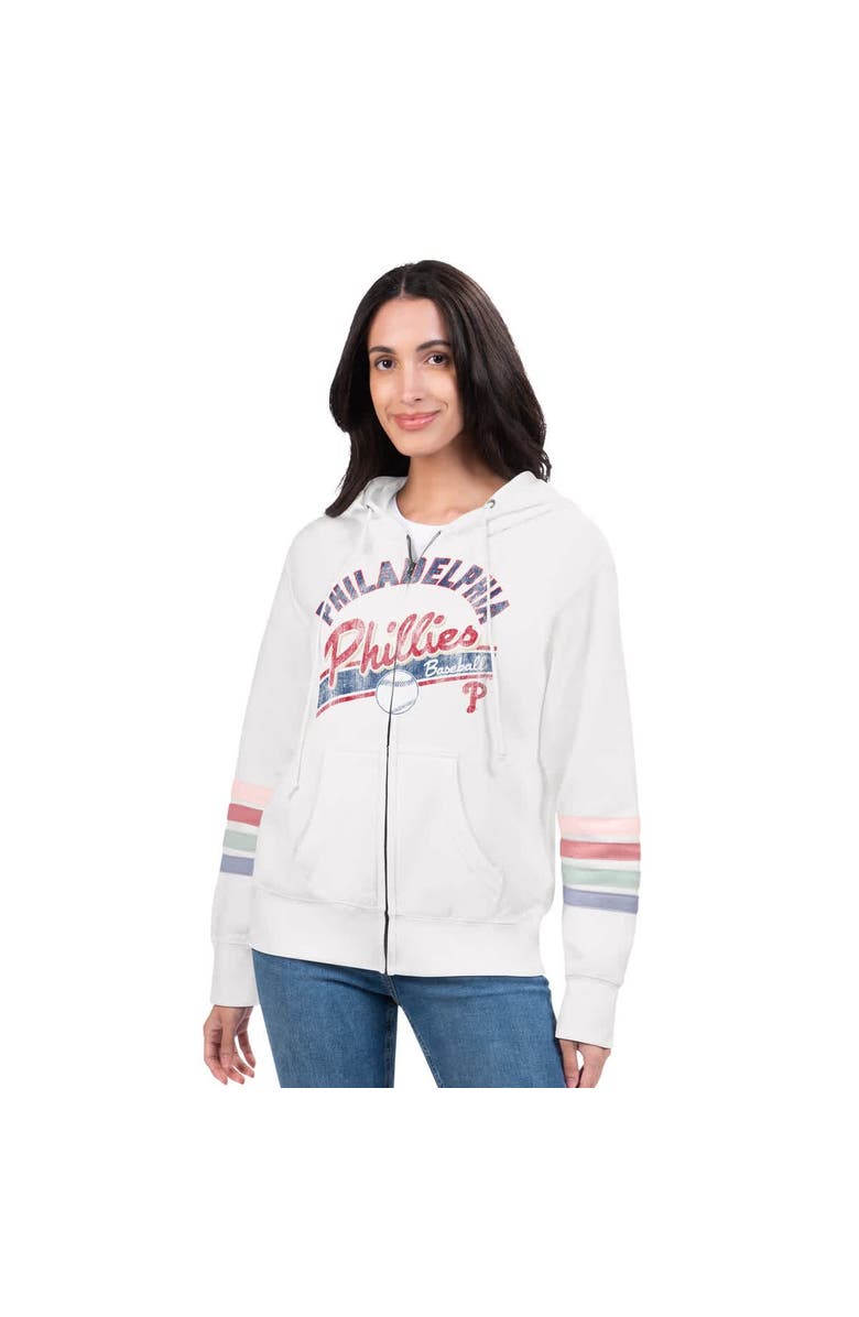 G-III 4HER BY CARL BANKS Women's G-III 4Her by Carl Banks White Philadelphia Phillies Naamah Sleeve Stripe Fleece Full-Zip Hoodie, Alternate, color, White