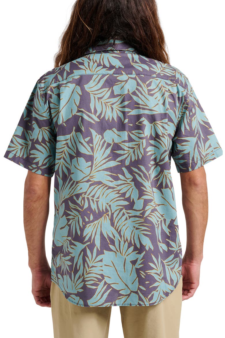 Palm Trip Classic Leaf Print Short Sleeve Cotton Button-Up Shirt, Alternate, color, GRAYSTONE/ TURQUOISE