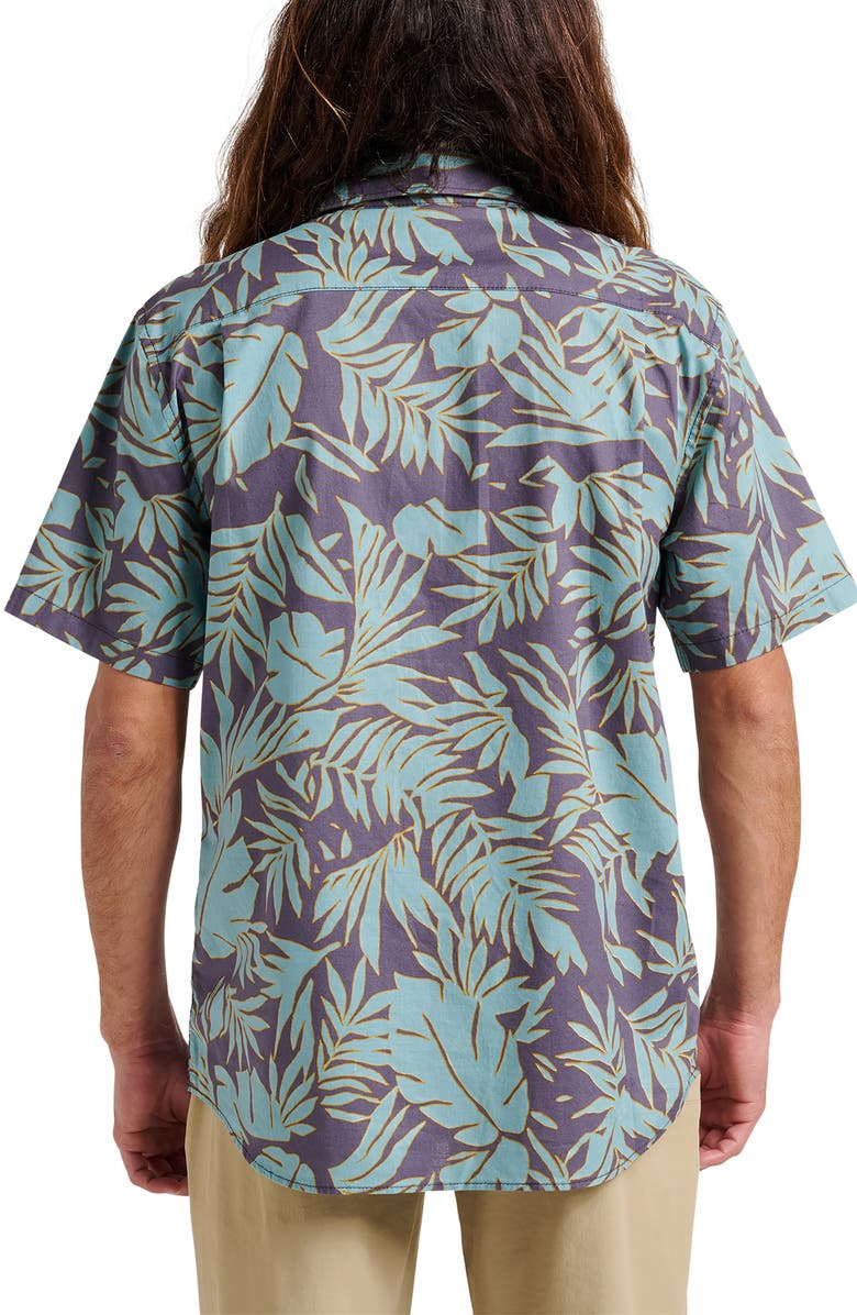 Quiksilver Palm Trip Classic Leaf Print Short Sleeve Cotton Button-Up Shirt, Alternate, color, Graystone/ Turquoise