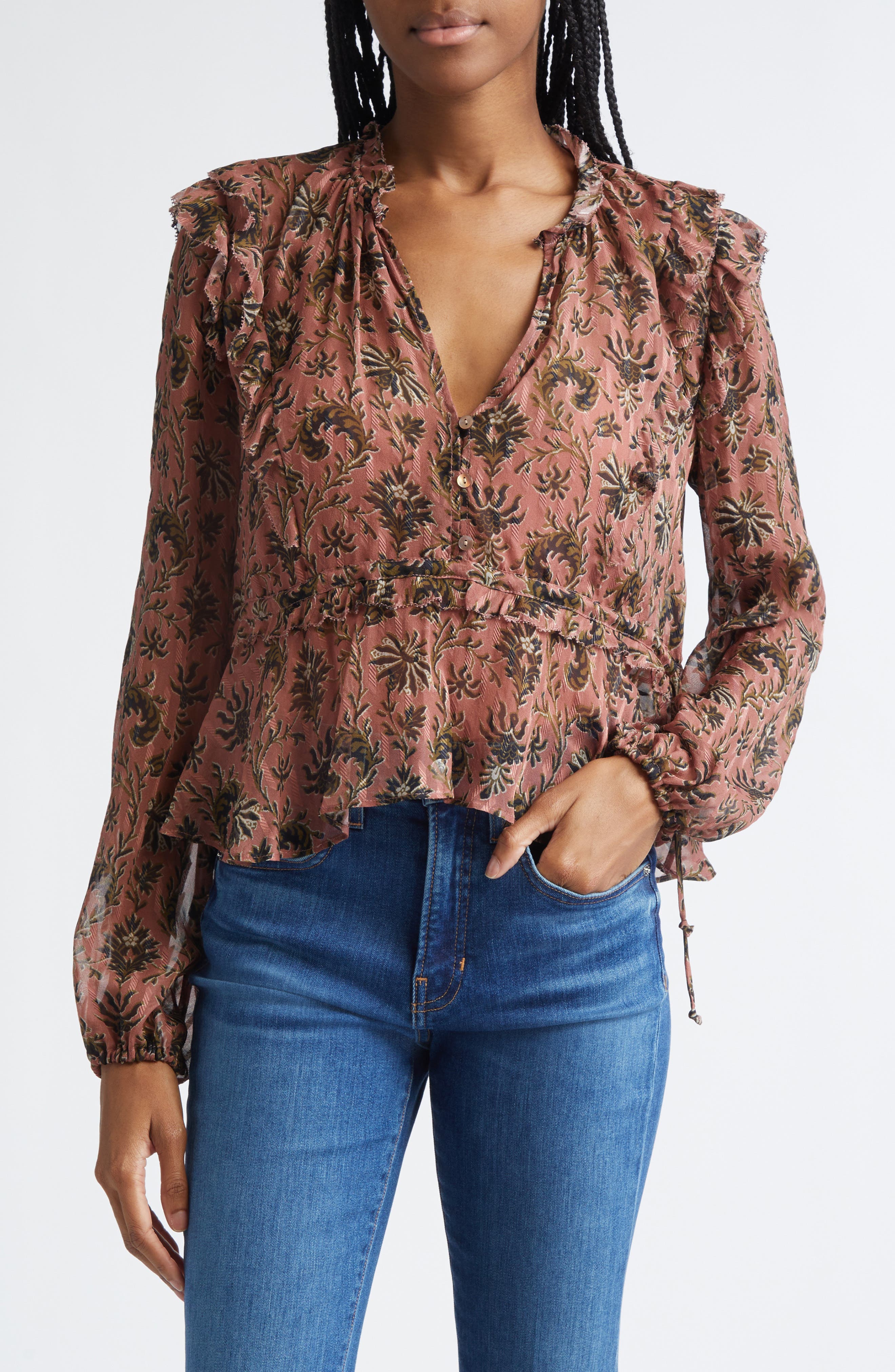 Veronica Beard Carnett Floral Silk Blend Peplum Top