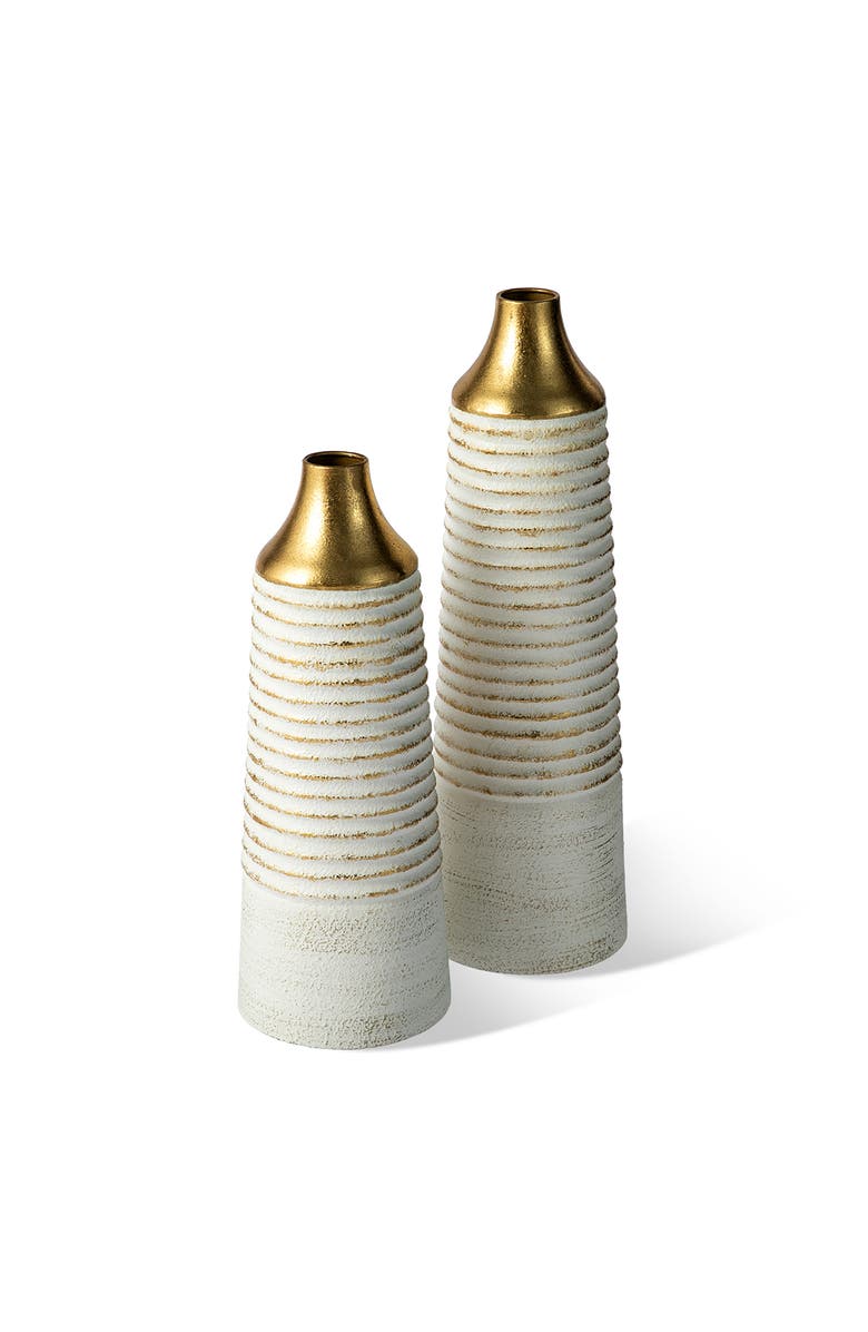 Glitzhome Set of 2 Modern White & Gold Stripes Metal Decorative Vases, Alternate, color, White