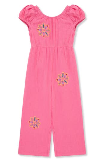 Peek Aren't You Curious Kids' Embroidered Cotton Gauze Jumpsuit In Pink