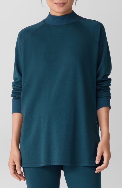 Eileen Fisher Cozy Brushed Terry Mock Neck Long Top In Blue