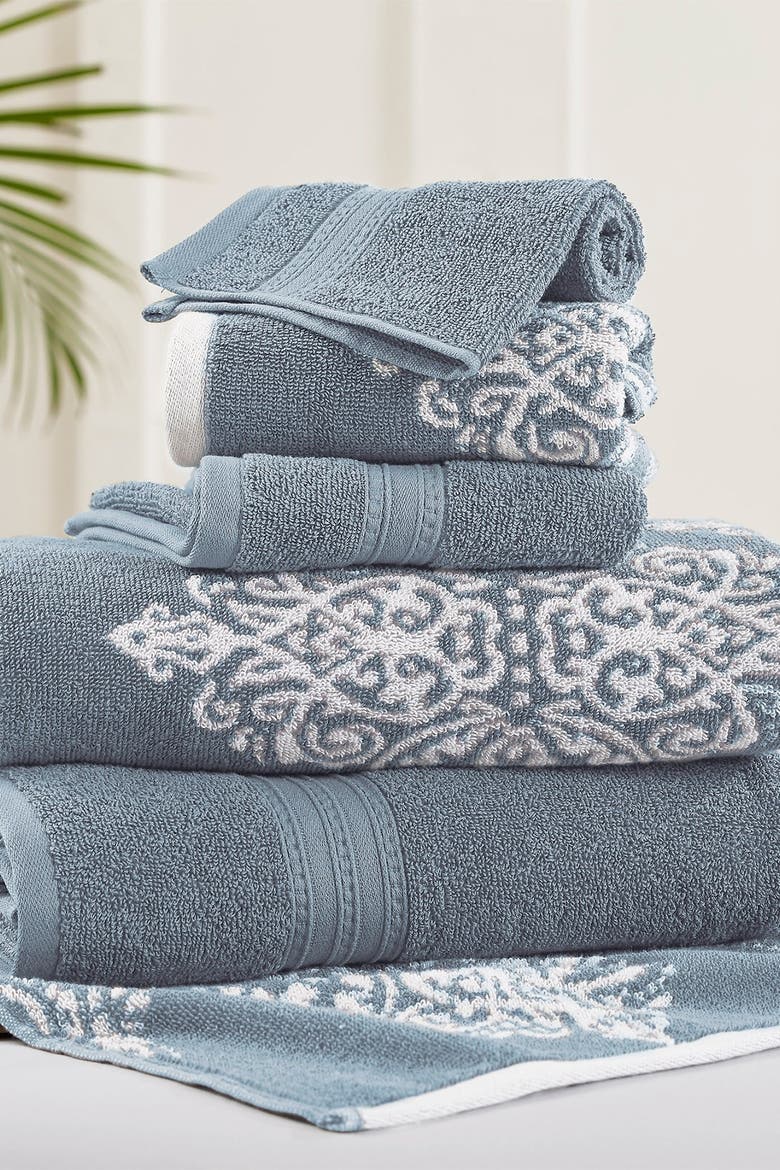 Gray Artesia Damask Reversible Yarn-Dyed Jacquard 6-Piece Towel Set, Main, color, BLUE