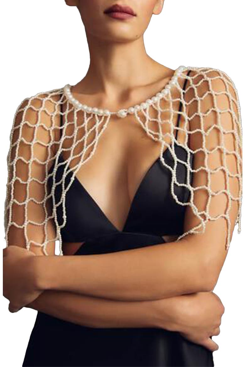 Imitation Pearl Beaded Cape, Main, color, WHITE