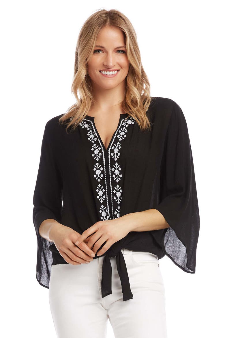 Embroidered Tie Front Top, Alternate, color, BLACK