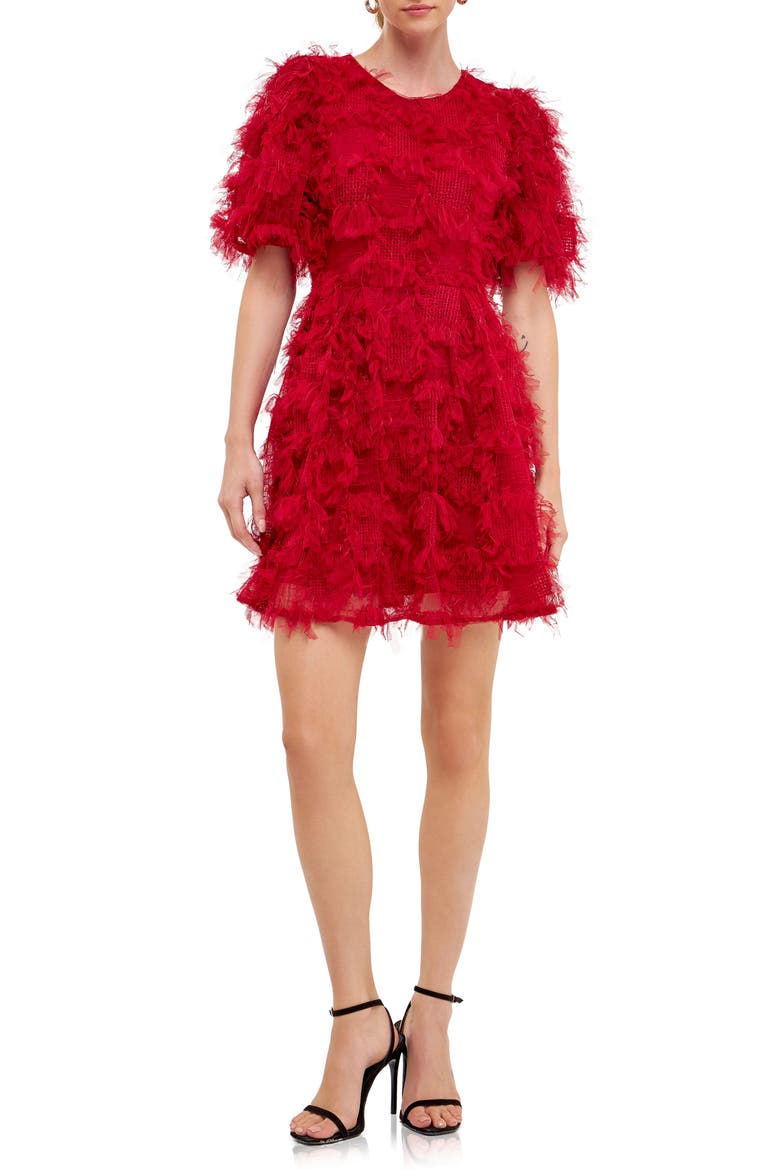 Feathered Mesh Puff Sleeve Minidress, Main, color, WINE