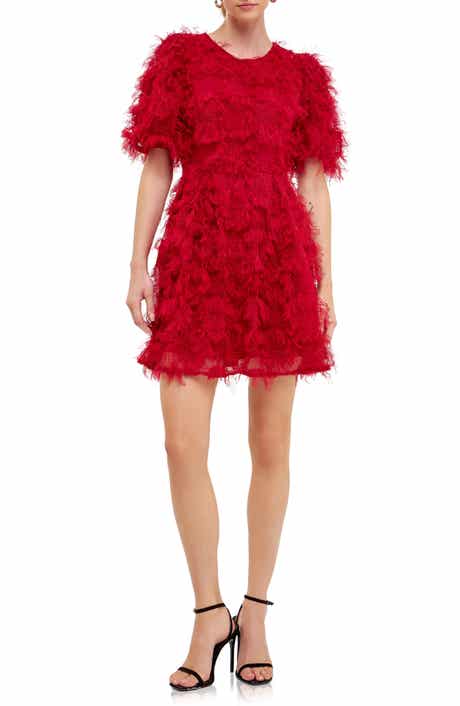 Feathered Mesh Puff Sleeve Minidress