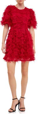 Endless Rose Feathered Mesh Puff Sleeve Minidress