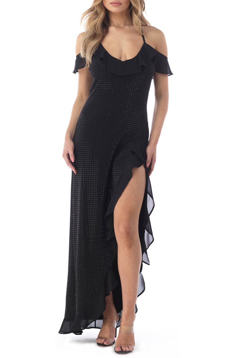 Rhinestone Cold Shoulder Open Back High-Low Cocktail Dress, Main, color, BLACK