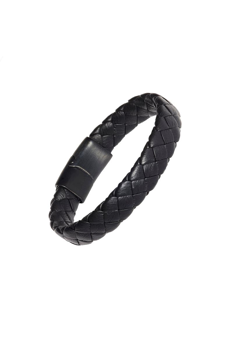 Braided Leather Bracelet with Stainless Steel Magnetic Closure, Main, color, Black
