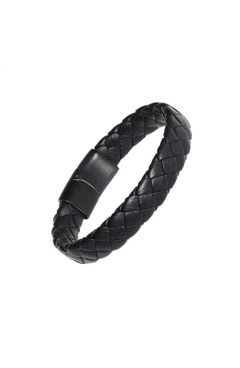 Link Up Braided Leather Bracelet with Stainless Steel Magnetic Closure, Main, color, Black