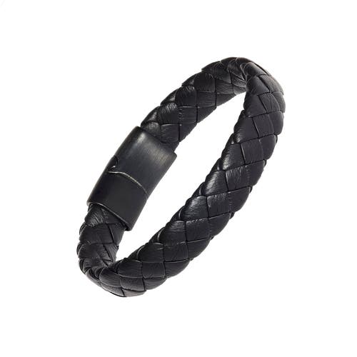 Link Up Braided Leather Bracelet With Stainless Steel Magnetic Closure In Black