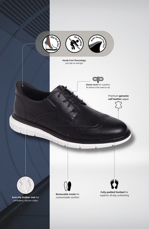 Marc Joseph New York Hill Street Hands Free Technology Leather Wingtip Casual Oxford, Alternate, color, Black Grainy Leather