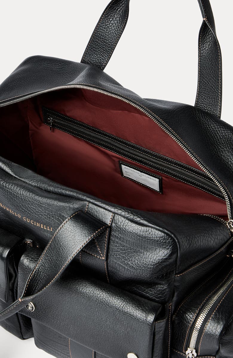 Brunello Cucinelli Grained calfskin leisure bag, Alternate, color, Black