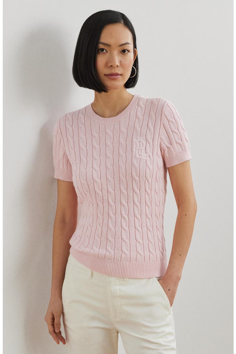 Cable Stitch Short Sleeve Cotton Sweater, Alternate, color, HINT OF PINK