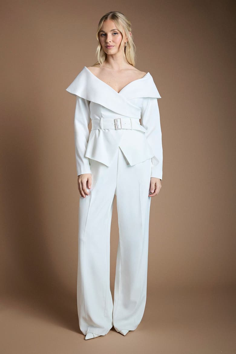 Off The Shoulder Long Sleeve Belted Top, Alternate, color, Ivory