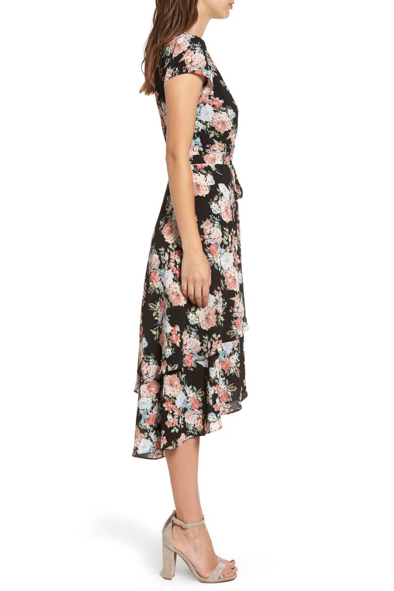 Oleander Wrap Midi Dress, Alternate, color, BLACK BOUQUET