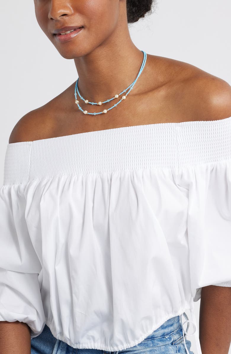 Nordstrom Seed Bead & Faux Pearl Layered Necklace, Alternate, color, Turquoise- White- Gold