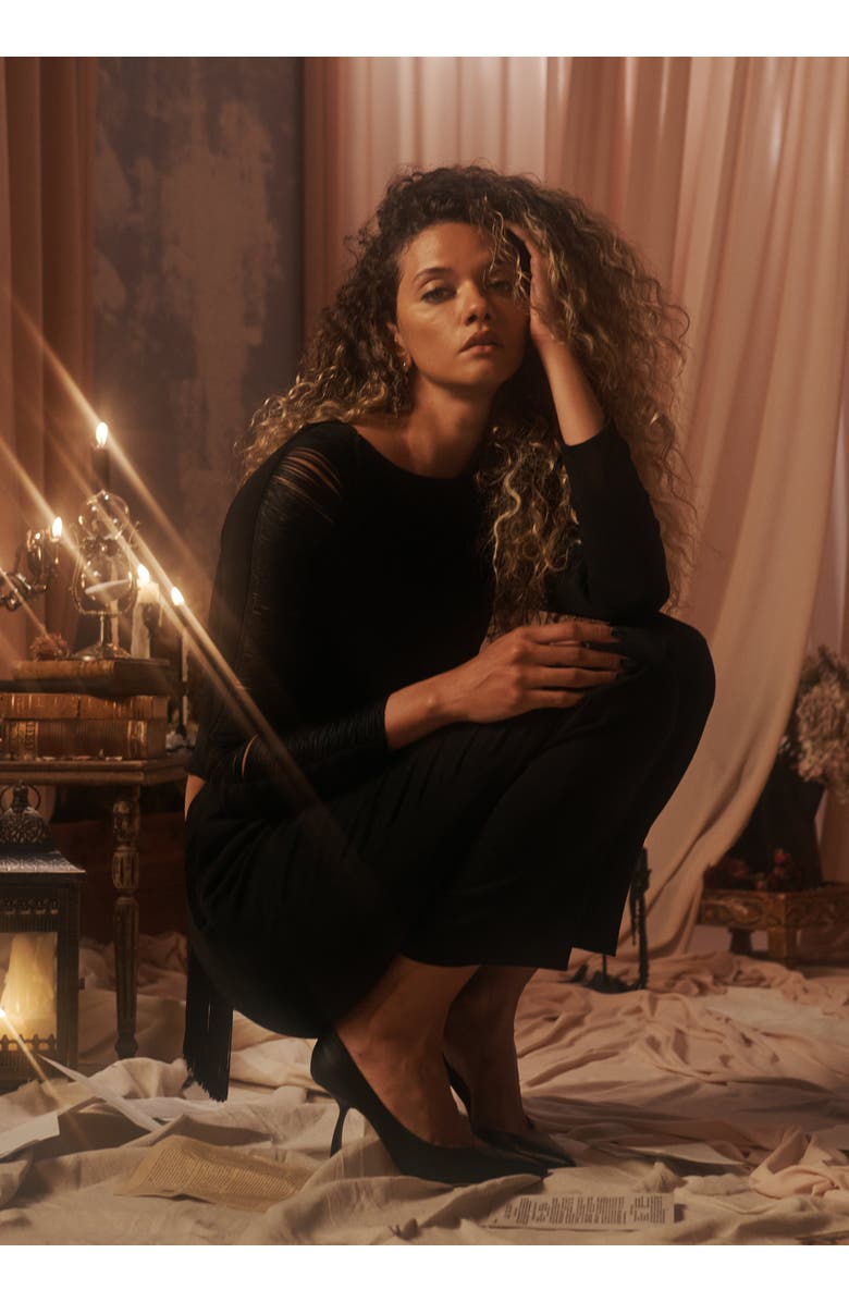 Contessa Mills Medusa Fitted Hand-Dyed Fringe Stretch Crepe Top, Alternate, color, Black