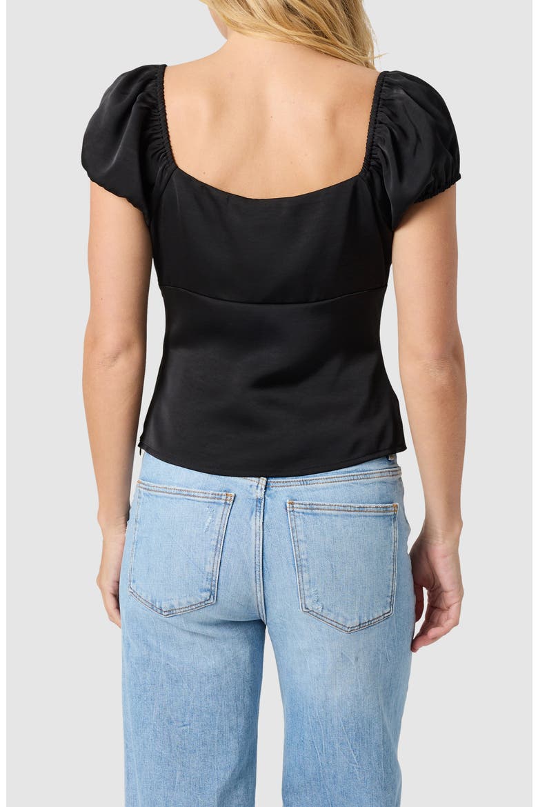 Lace Trim Puff Sleeve Satin Top, Alternate, color, BLACK